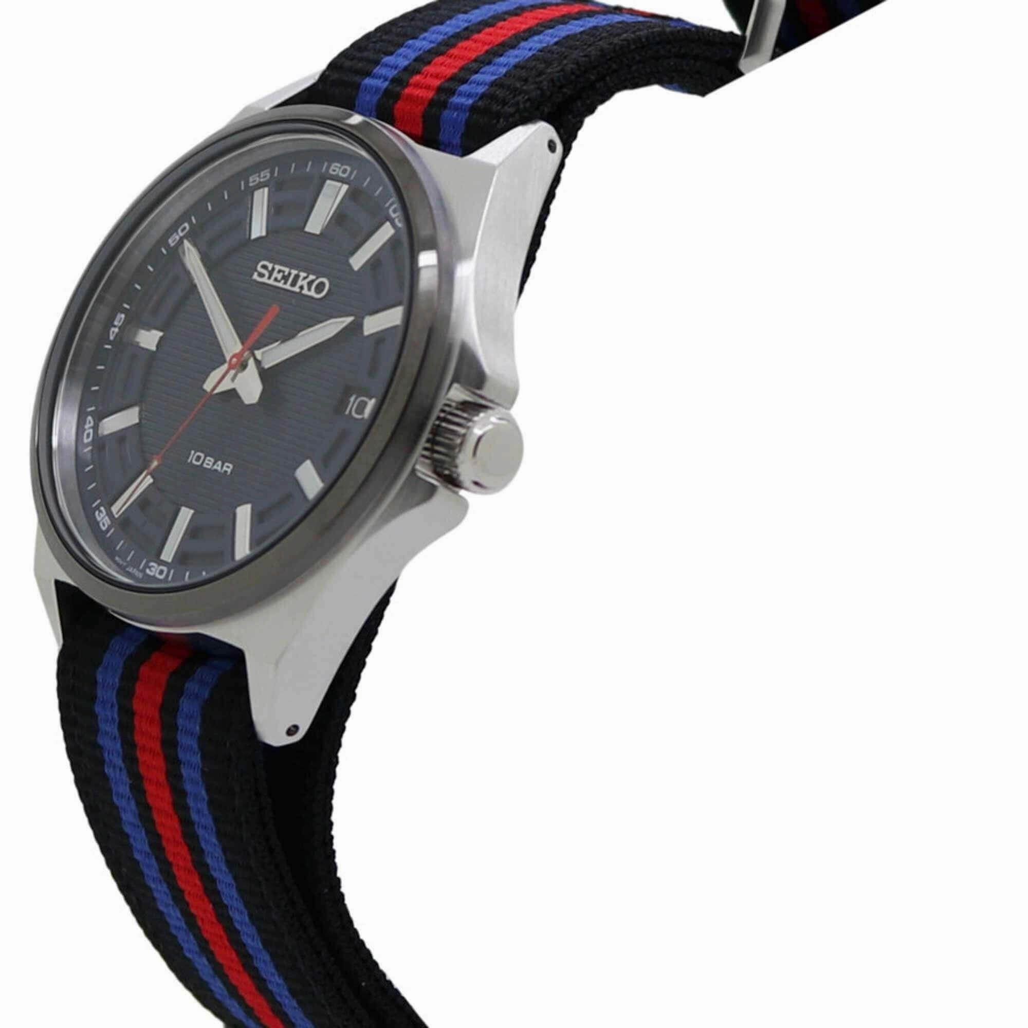 Seiko Men's Watch - Essentials Silver Tone Case Black, Blue, Red Strap | SUR509P1