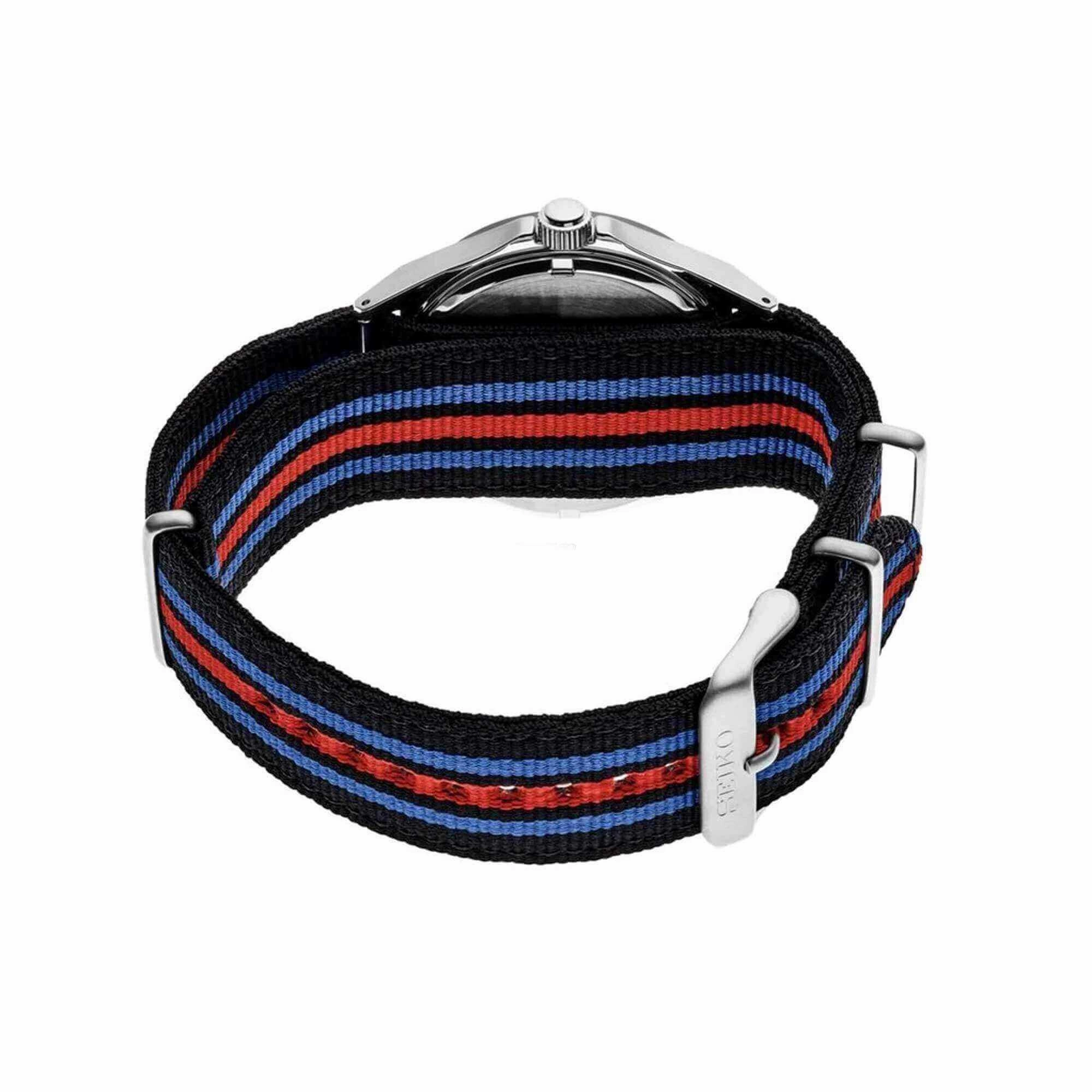 Seiko Men's Watch - Essentials Silver Tone Case Black, Blue, Red Strap | SUR509P1