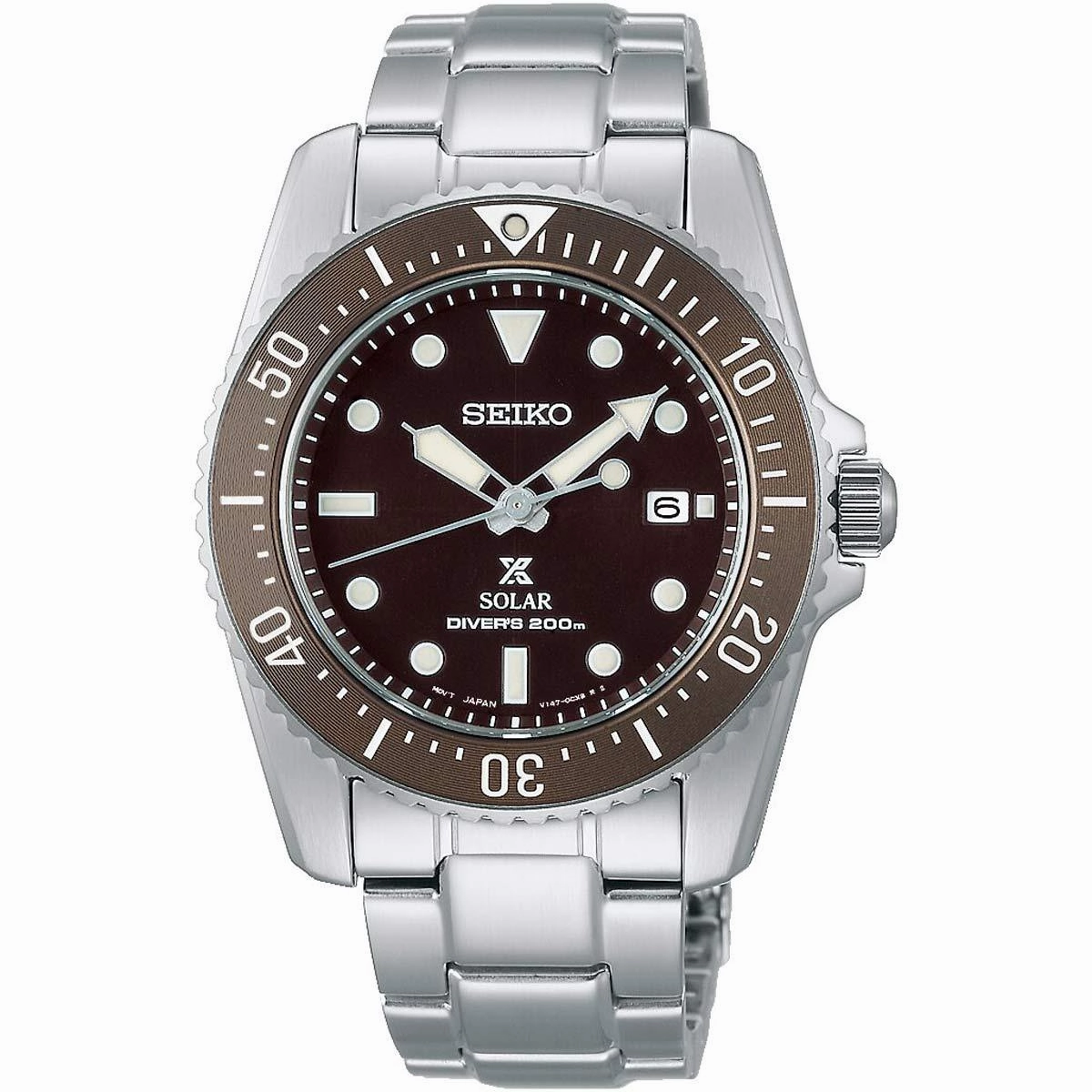 Seiko Men's Watch - Prospex Solar Brown Dial Steel Bracelet Rotating Bezel | SNE571P1