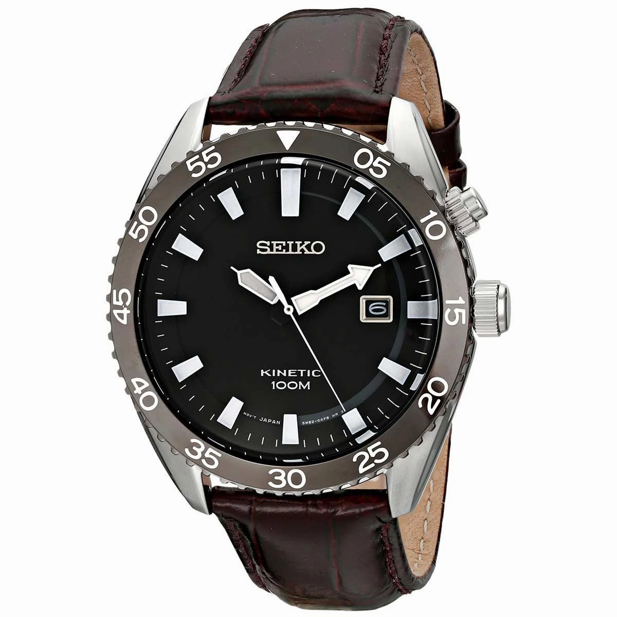Seiko SKA627 Men's Black Dial Red Leather Strap Kinetic Watch