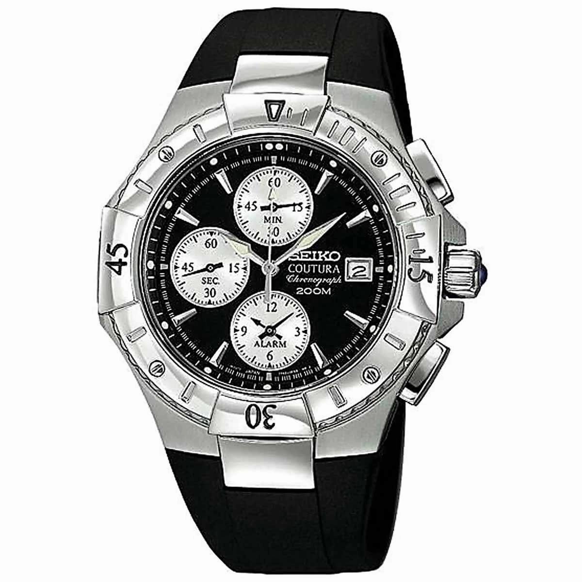 Seiko SNA459 Men's Coutura Black Dial Black Rubber Strap Chronograph Alarm Watch