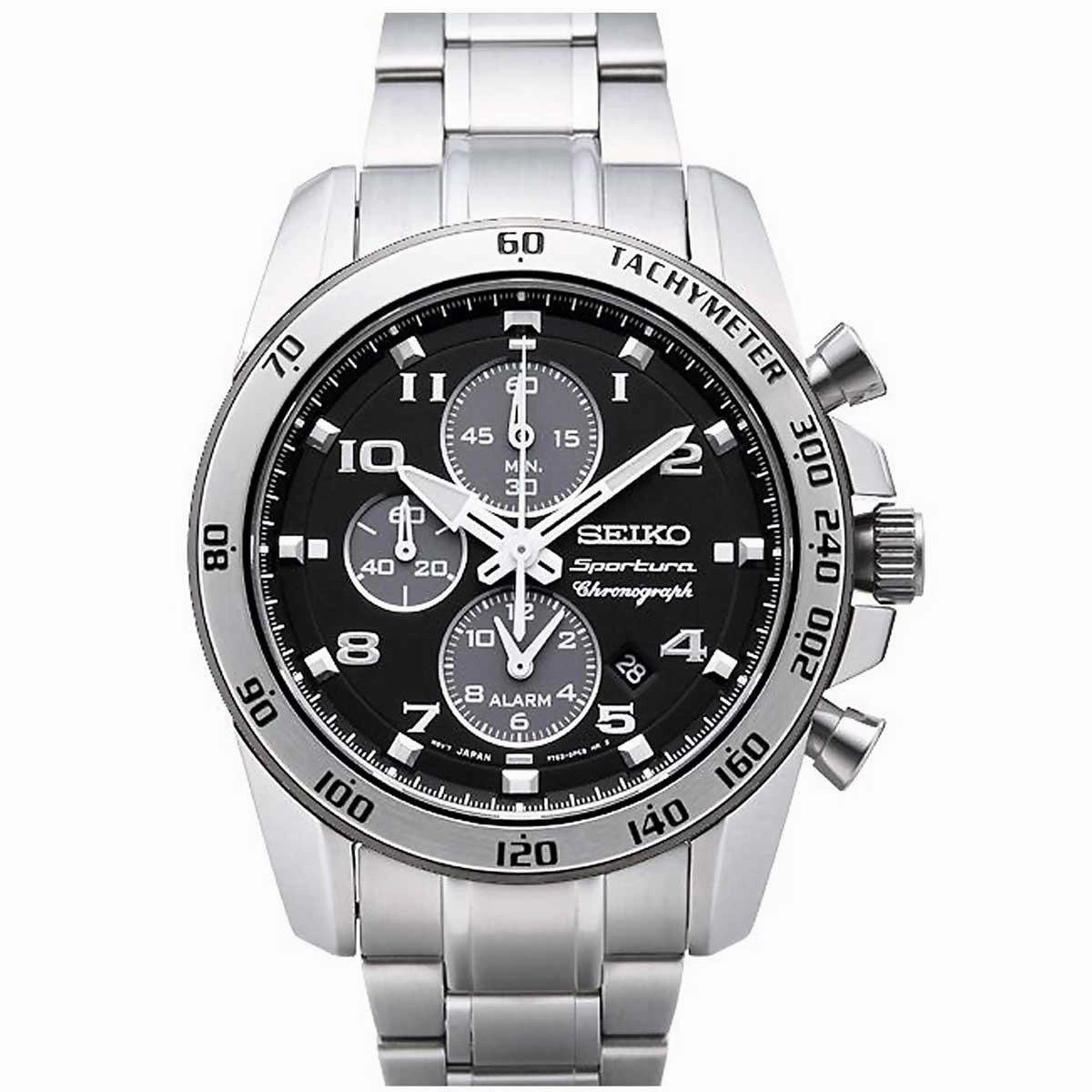 Seiko SNAE61P1 Men's Sportura Black Dial Steel Bracelet Chronograph Alarm Watch