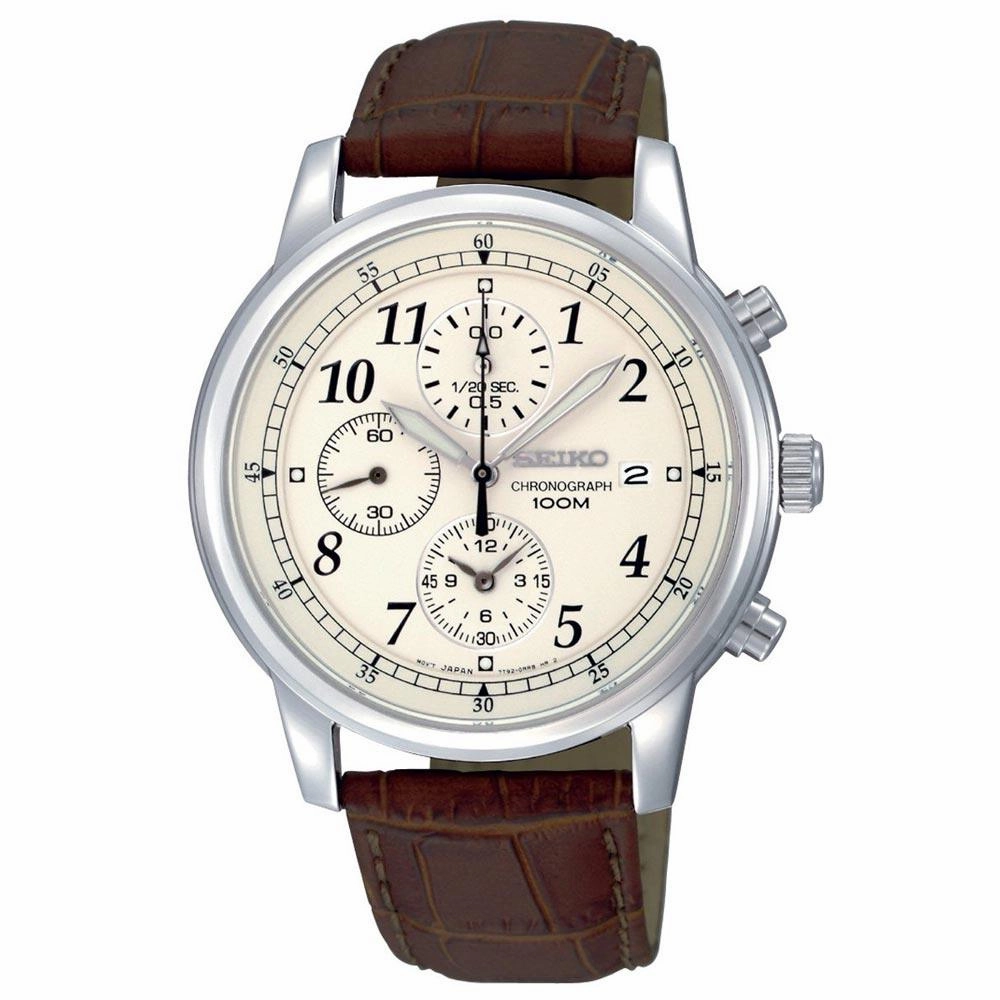 Seiko SNDC31 Men's Classic Beige Dial Brown Leather Strap Chronograph Watch