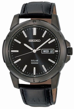 Seiko SNE097 Men's Black IP Plated Leather Band Solar Powered Watch