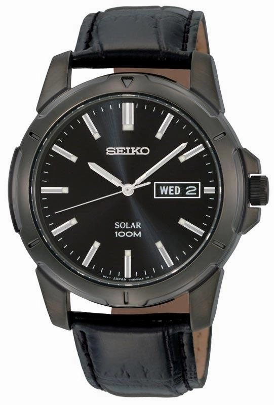 Seiko SNE097 Men's Black IP Plated Leather Band Solar Powered Watch