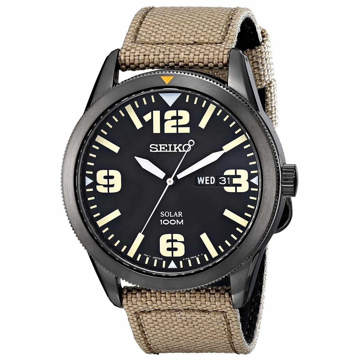 Seiko SNE331 Men's Core Solar Black Dial Beige Nylon Strap Power Reserve Watch