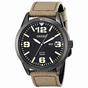Seiko SNE331 Men's Core Solar Black Dial Beige Nylon Strap Power Reserve Watch