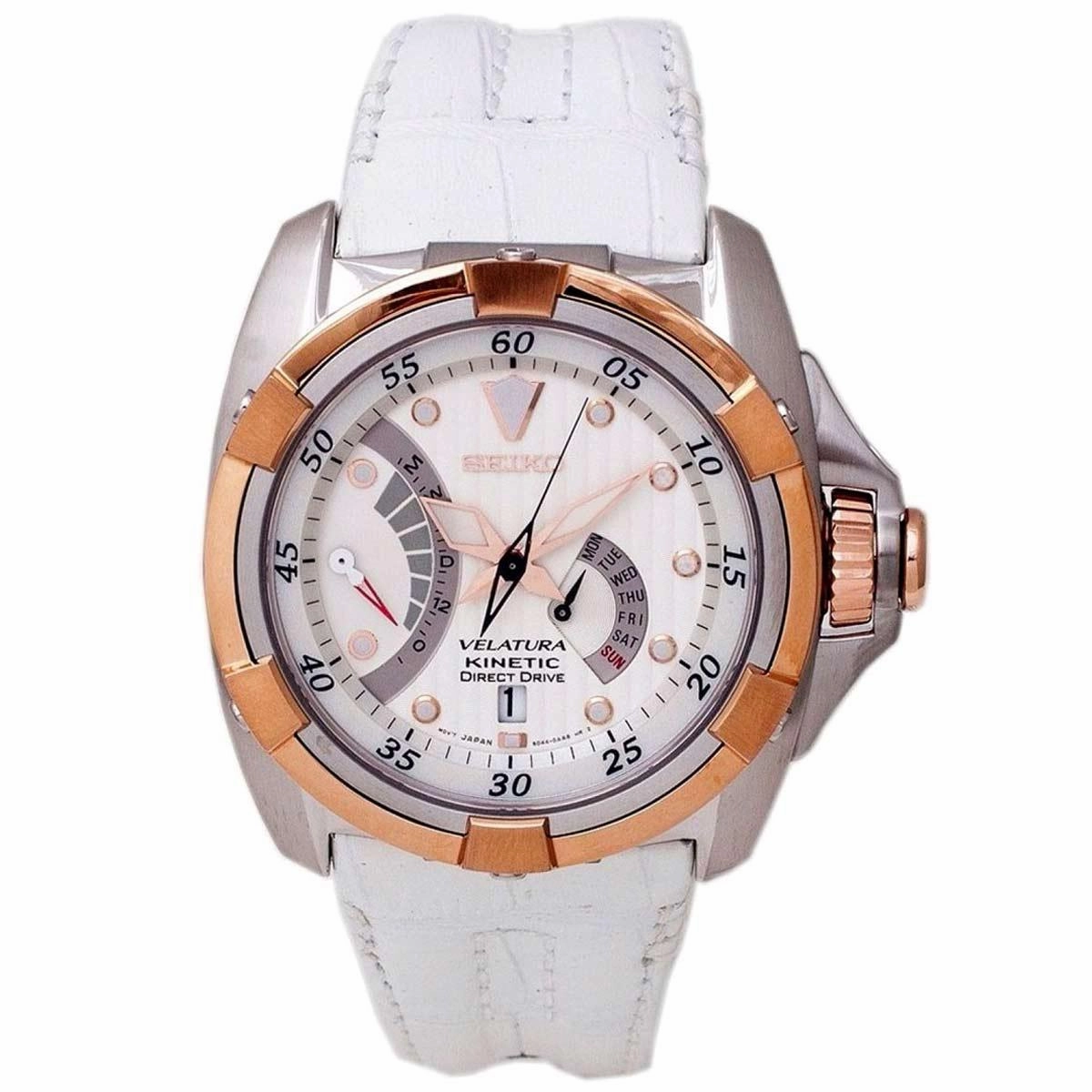 Seiko SRH014P1 Men's Velatura White Dial White Leather Strap Kinetic Watch