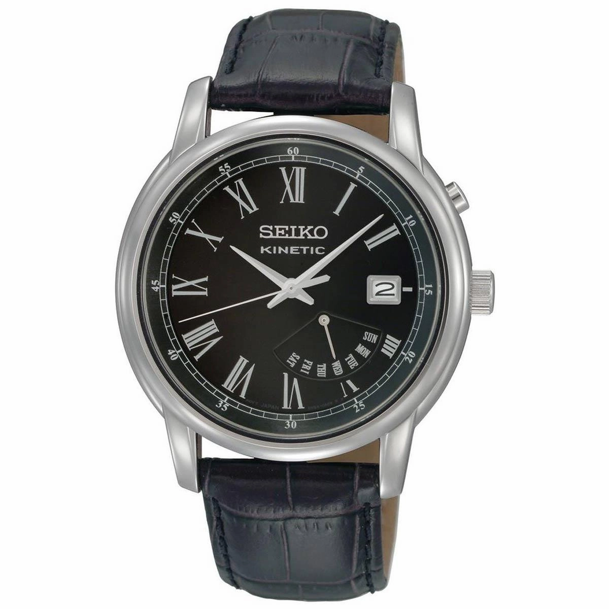 Seiko SRN035P1 Men's Kinetic Black Dial Brown Leather Strap Watch