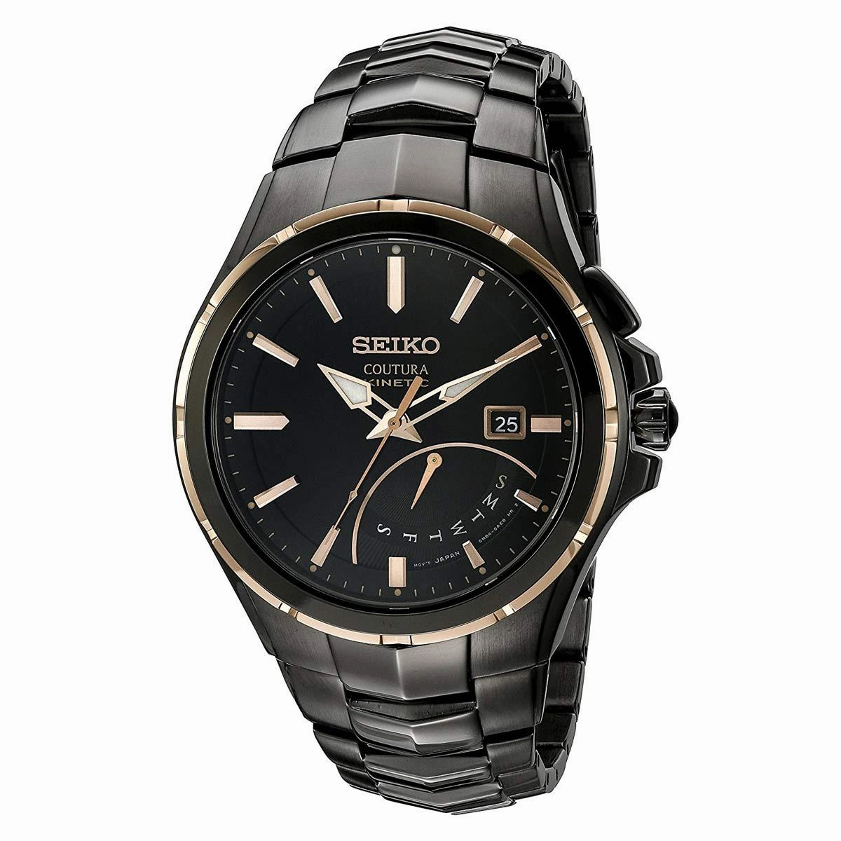 Seiko SRN066 Men's Coutura Black Dial Black IP Steel Bracelet Power Reserve Kinetic Watch
