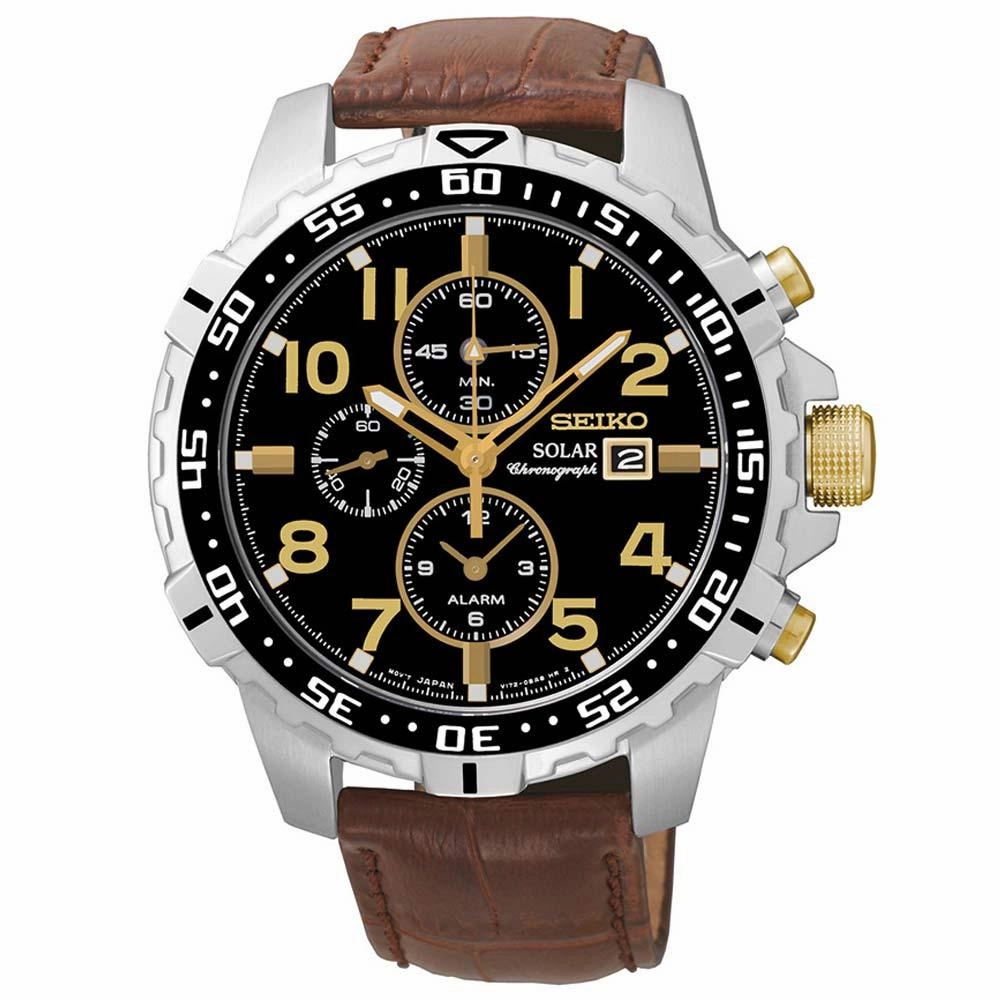 Seiko SSC309 Men's Core Solar Black Dial Brown Leather Strap Chronograph Alarm Watch