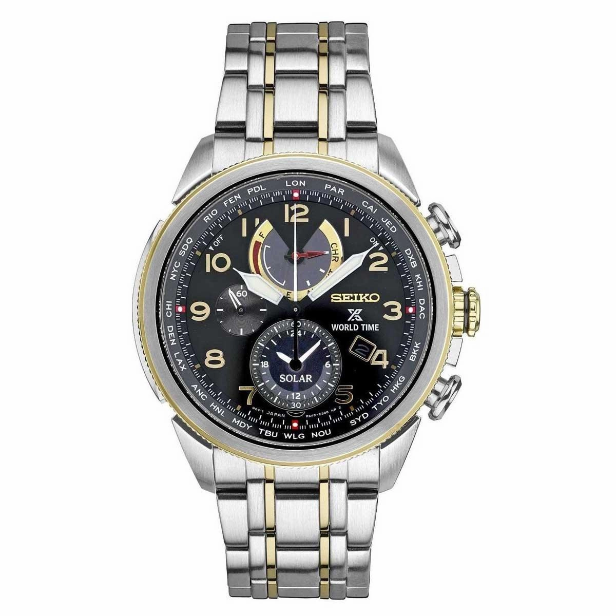 Seiko SSC508 Men's Prospex Solar World Time Black Dial Two Tone Steel Chronograph Alarm Watch
