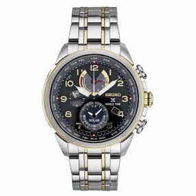 Seiko SSC508 Men's Prospex Solar World Time Black Dial Two Tone Steel Chronograph Alarm Watch