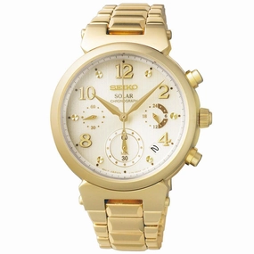 Seiko SSC858 Women's Core Solar Chronograph Champagne Dial Yellow Gold Steel Bracelet Watch
