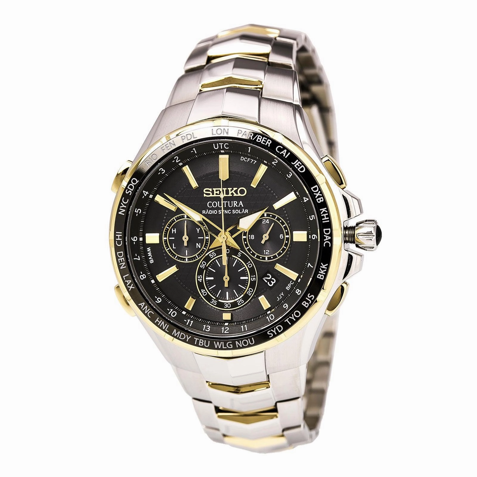 Seiko SSG010 Men's Coutura Radio Sync Solar Black Dial Two Tone Steel Chronograph World time Watch