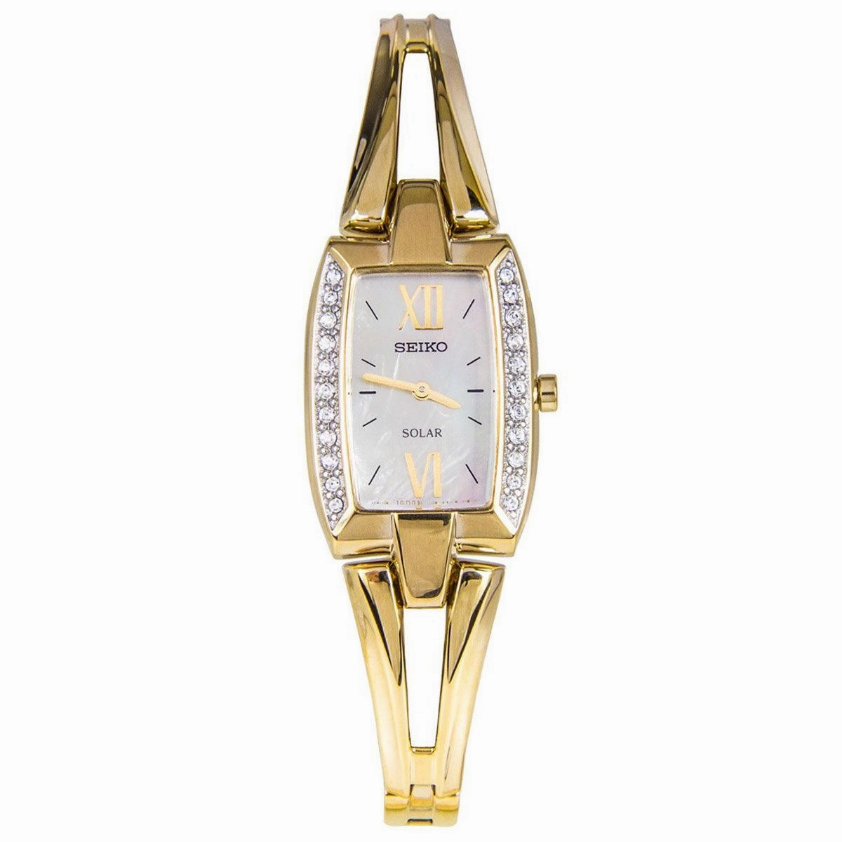 Seiko SUP086 Women's Tressia Solar Mother of Pearl Dial Gold Tone Steel Power Reserve Watch