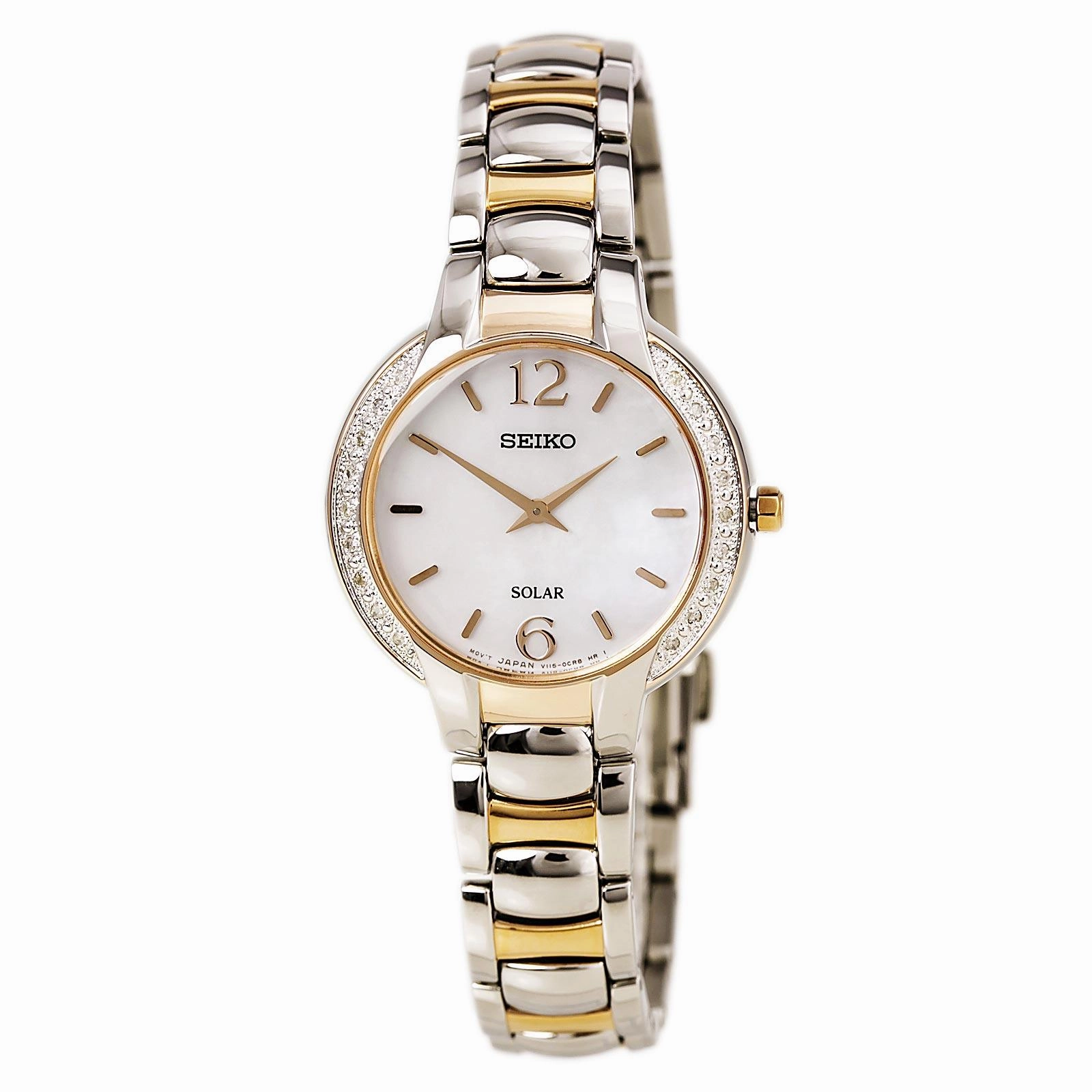 Seiko SUP256 Women's Core Solar Classic MOP Dial Two Tone Rose Gold Steel Diamond Watch