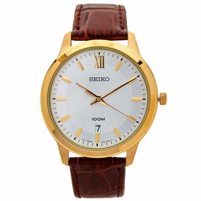 Seiko SUR046 Men's White Dial Yellow Gold Steel Brown Leather Strap Watch