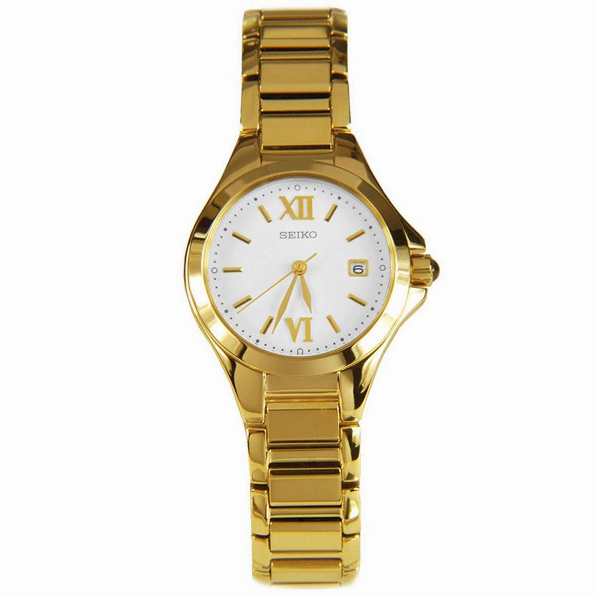 Seiko SXDC18P1 Women's Dress Date White Dial Yellow Gold Steel Bracelet Watch
