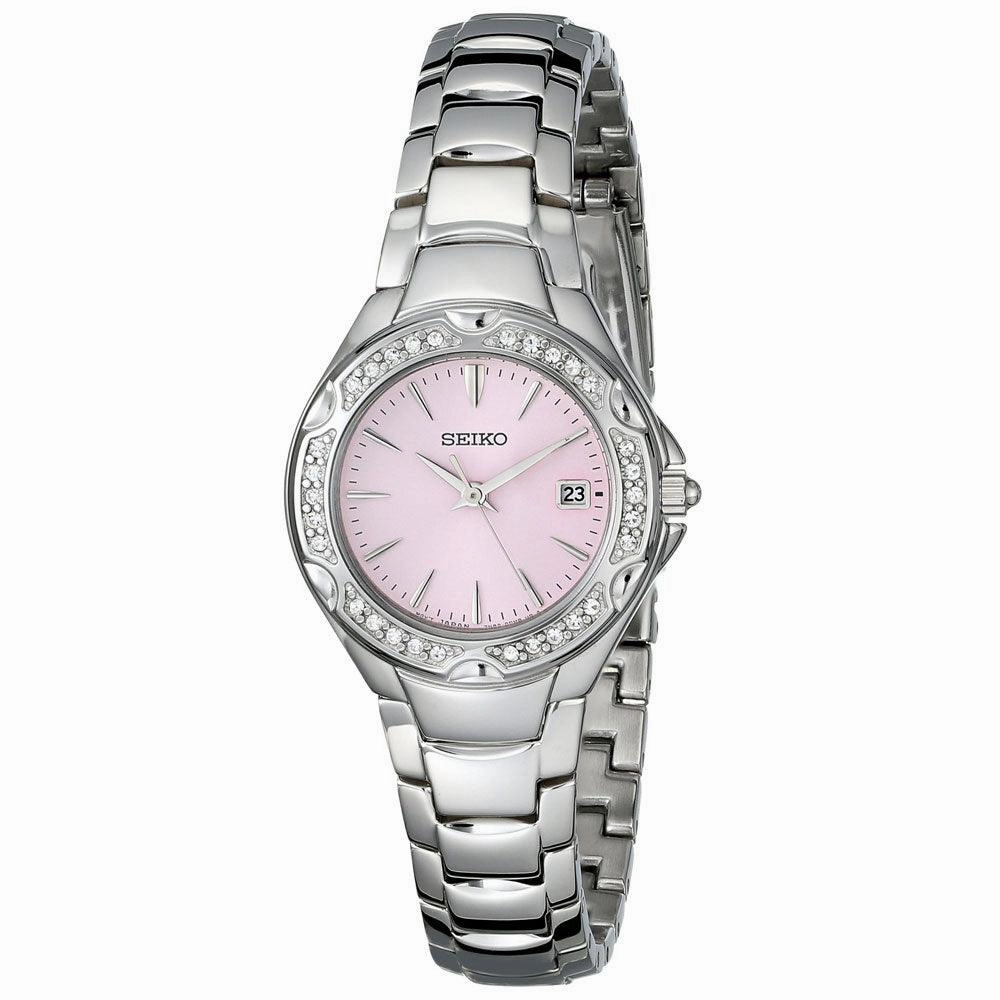Seiko SXDC53 Women's Dress Swarovski Crystal Accented Bezel Pink Dial Steel Bracelet Watch