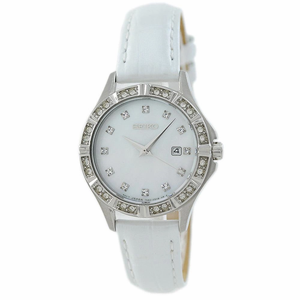 Seiko SXDF11P2 Womens Swarovski Accented Bezel MOP Dial White Leather Band Watch