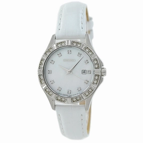Seiko SXDF11P2 Womens Swarovski Accented Bezel MOP Dial White Leather Band Watch