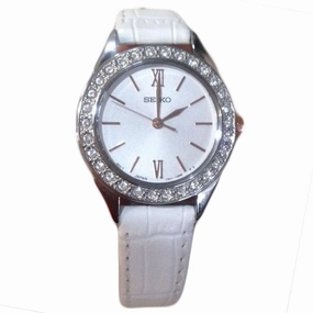 Seiko SXGP35 Women's Classic Silver Dial White Leather Strap Swarovski Crystal Watch