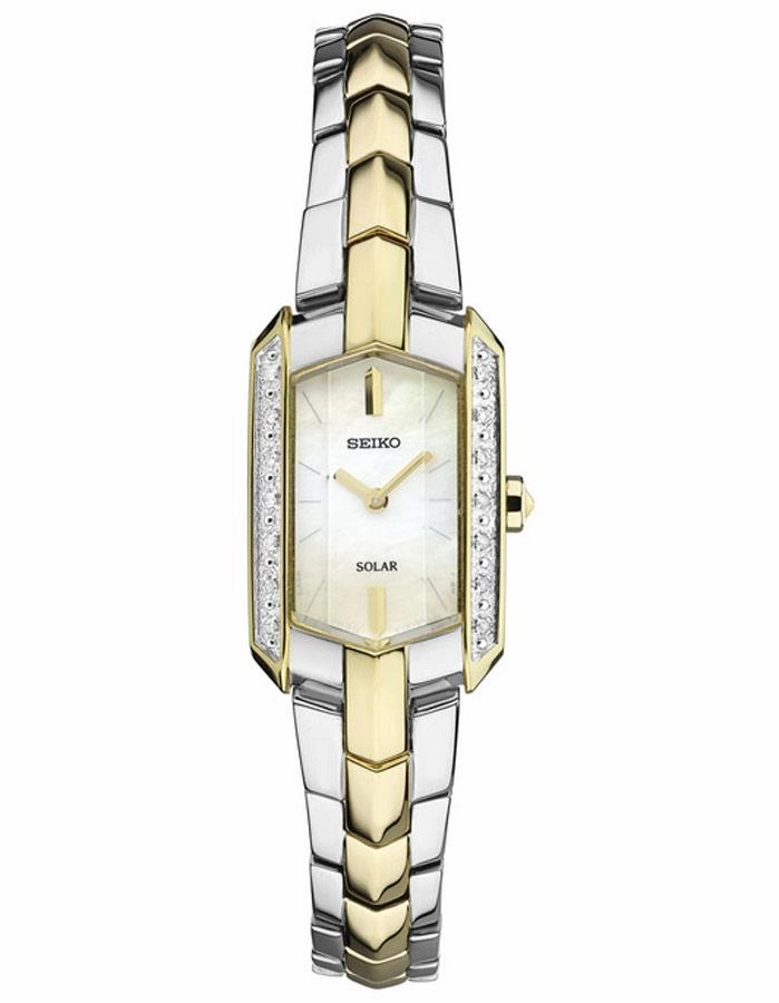 Seiko Womens Tressia Solar Diamond Dress Watch - Two-Tone - White Dial