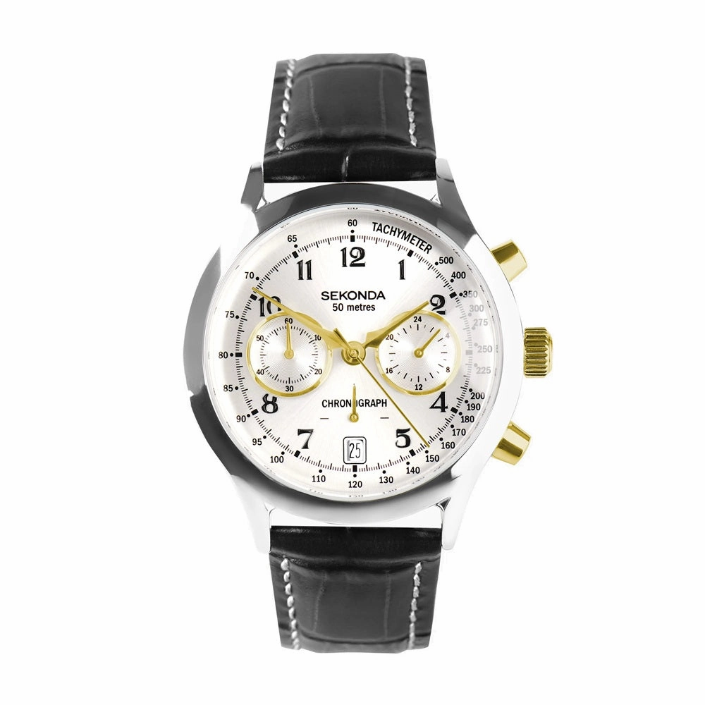 Sekonda Archer Chronograph Black Leather Strap Mens Watch 30235