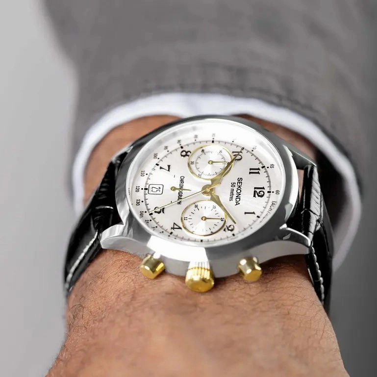 Sekonda Archer Chronograph Black Leather Strap Mens Watch 30235