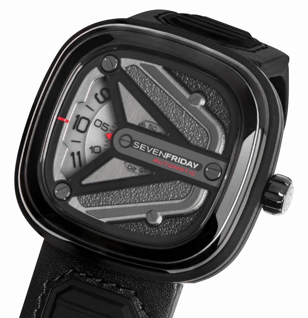 SEVENFRIDAY M-Series Spaceship Automatic Gunmetal PVD Gray Dial Black Leather Strap Mens Watch M3/01
