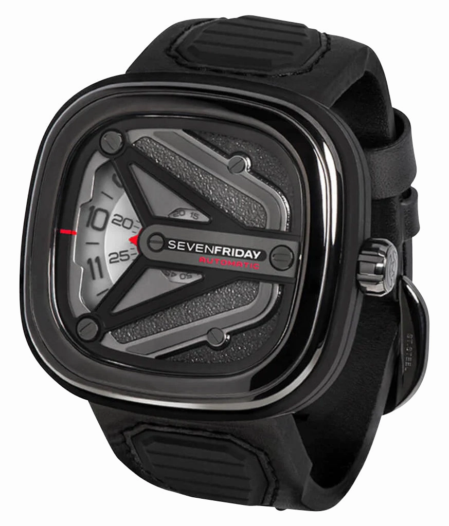 SEVENFRIDAY M-Series Spaceship Automatic Gunmetal PVD Gray Dial Black Leather Strap Mens Watch M3/01