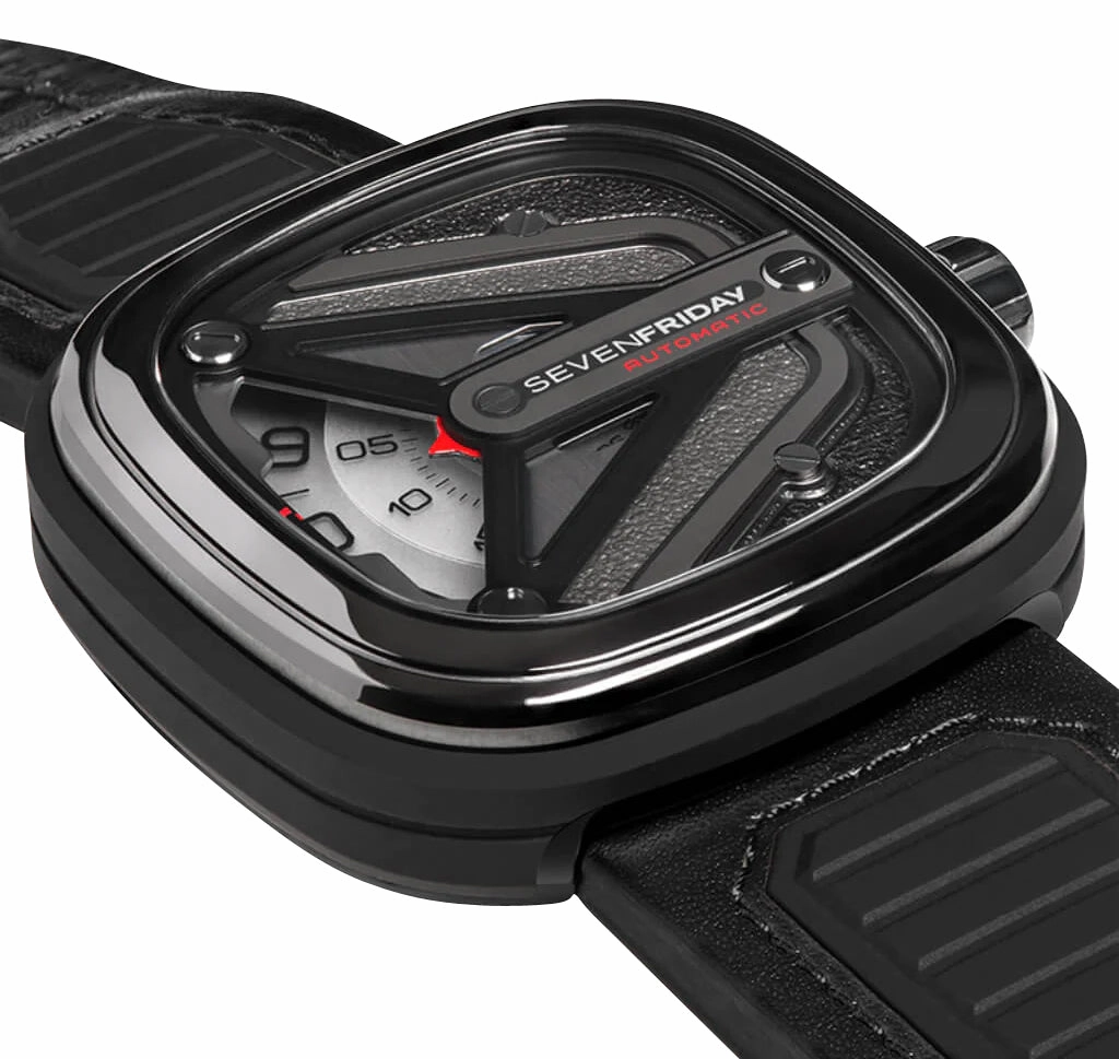 SEVENFRIDAY M-Series Spaceship Automatic Gunmetal PVD Gray Dial Black Leather Strap Mens Watch M3/01