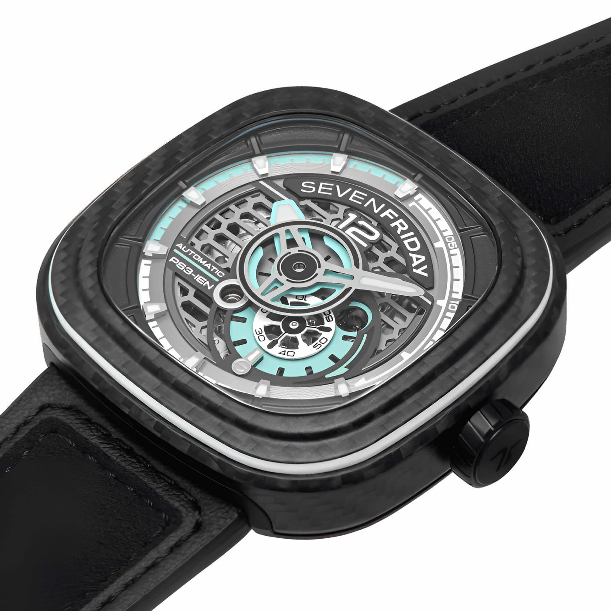 SevenFriday Men's Watch - P-Series Jade Carbon Semi-Skeleton Dial Strap | PS3-01