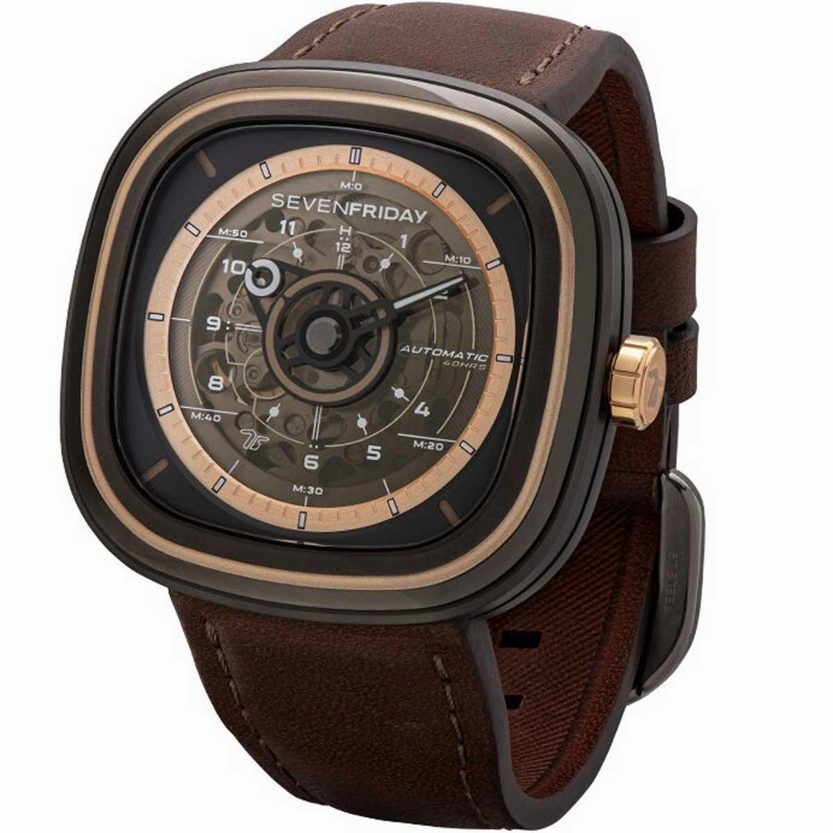 SevenFriday Men's Watch - T Series Power Reserve Brown and Black Dial Strap | T2-03