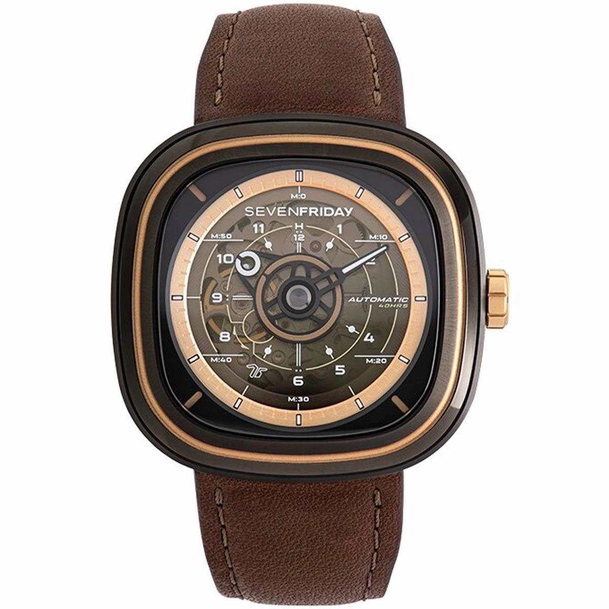 SevenFriday Men's Watch - T Series Power Reserve Brown and Black Dial Strap | T2-03