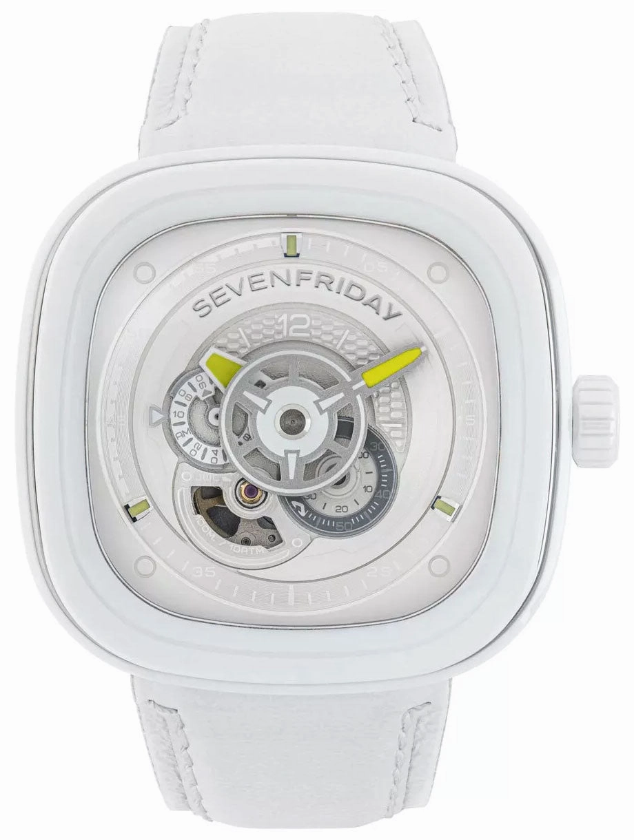 SEVENFRIDAY P-Series Caipi Automatic White Ceramic White Leather Strap Mens Watch P1C/04