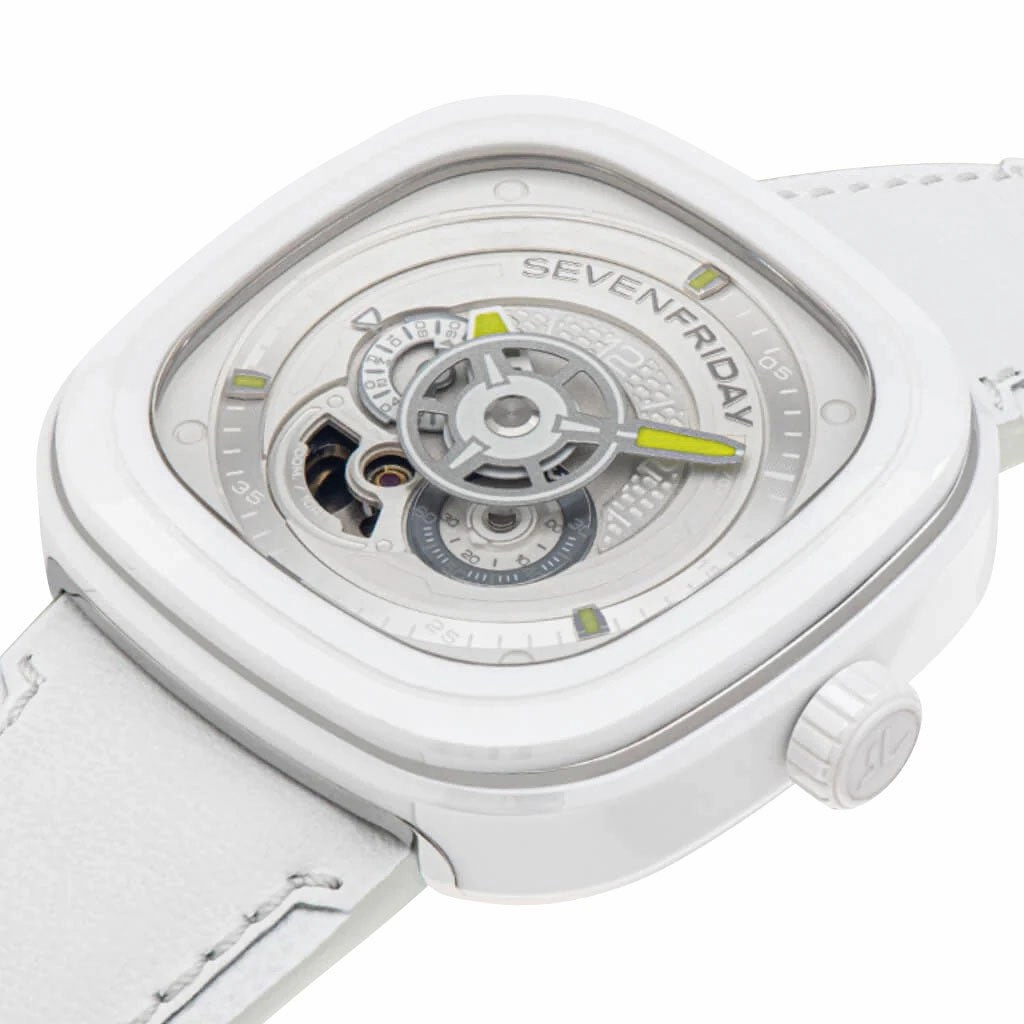 SEVENFRIDAY P-Series Caipi Automatic White Ceramic White Leather Strap Mens Watch P1C/04