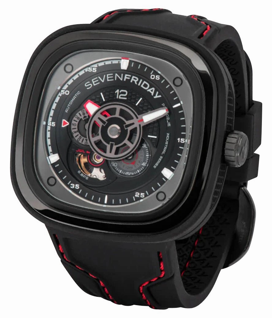 SEVENFRIDAY P-Series Racer III Automatic Black PVD Black Dial Black Silicone Strap Mens Watch P3C/02