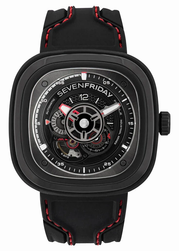 SEVENFRIDAY P-Series Racer III Automatic Black PVD Black Dial Black Silicone Strap Mens Watch P3C/02