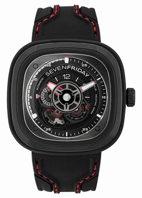 SEVENFRIDAY P-Series Racer III Automatic Black PVD Black Dial Black Silicone Strap Mens Watch P3C/02