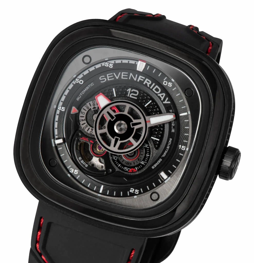 SEVENFRIDAY P-Series Racer III Automatic Black PVD Black Dial Black Silicone Strap Mens Watch P3C/02