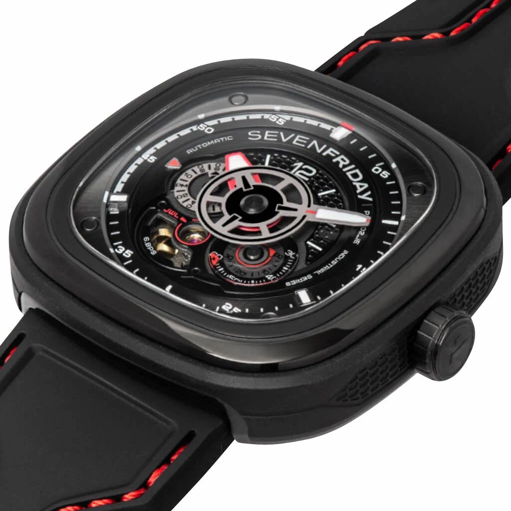SEVENFRIDAY P-Series Racer III Automatic Black PVD Black Dial Black Silicone Strap Mens Watch P3C/02