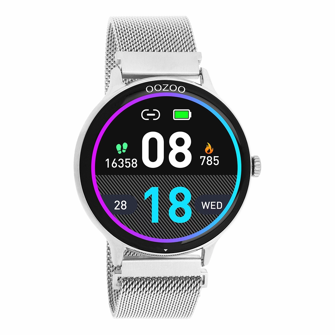 Silver coloured OOZOO smartwatch with silver coloured metal mesh bracelet - Q00135