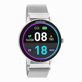 Silver coloured OOZOO smartwatch with silver coloured metal mesh bracelet - Q00135