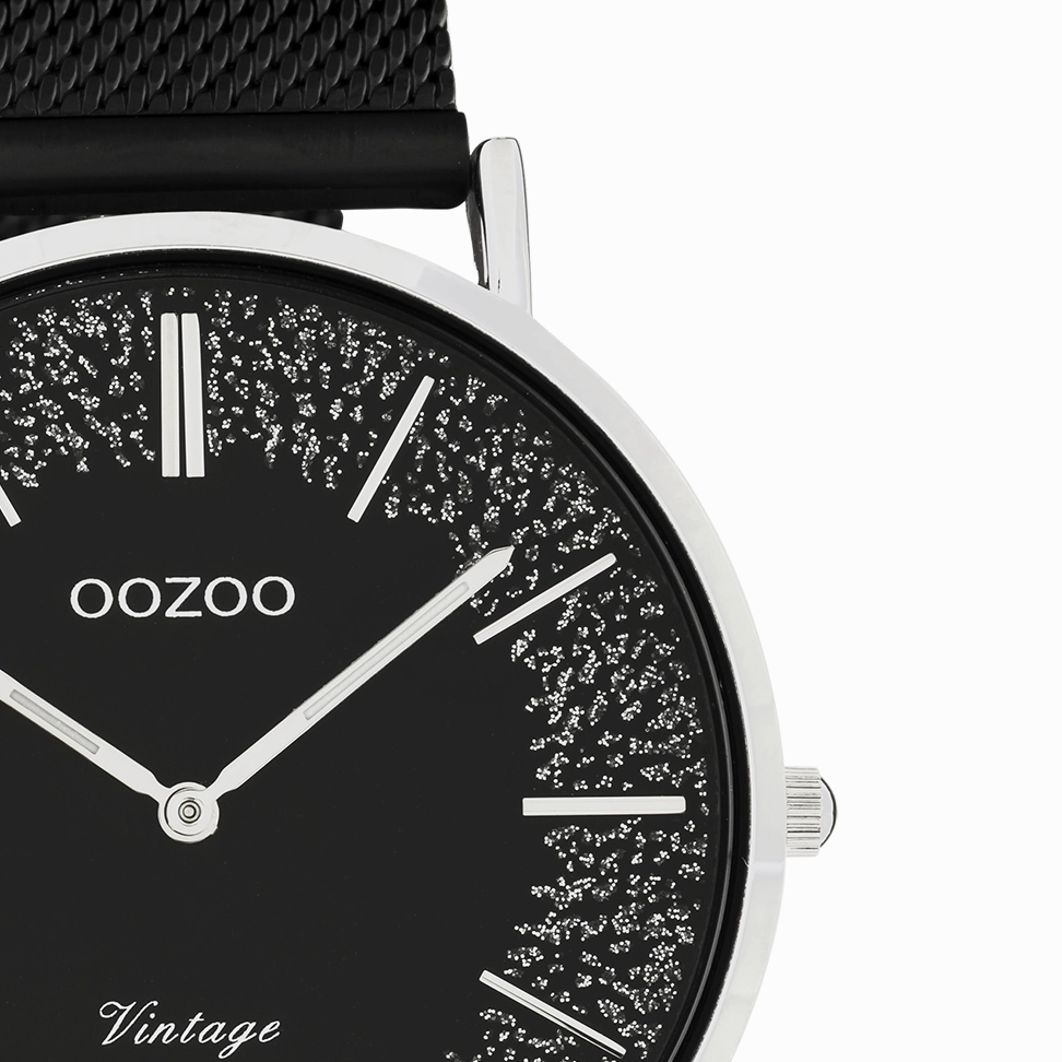 Silver coloured OOZOO watch with black metal mesh bracelet - C20140