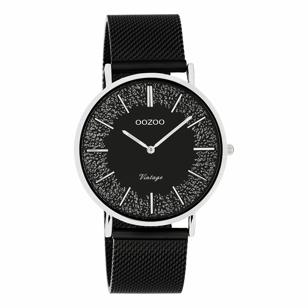 Silver coloured OOZOO watch with black metal mesh bracelet - C20140