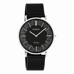 Silver coloured OOZOO watch with black metal mesh bracelet - C20140