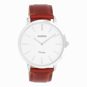Silver coloured OOZOO watch with brown leather strap - C20385