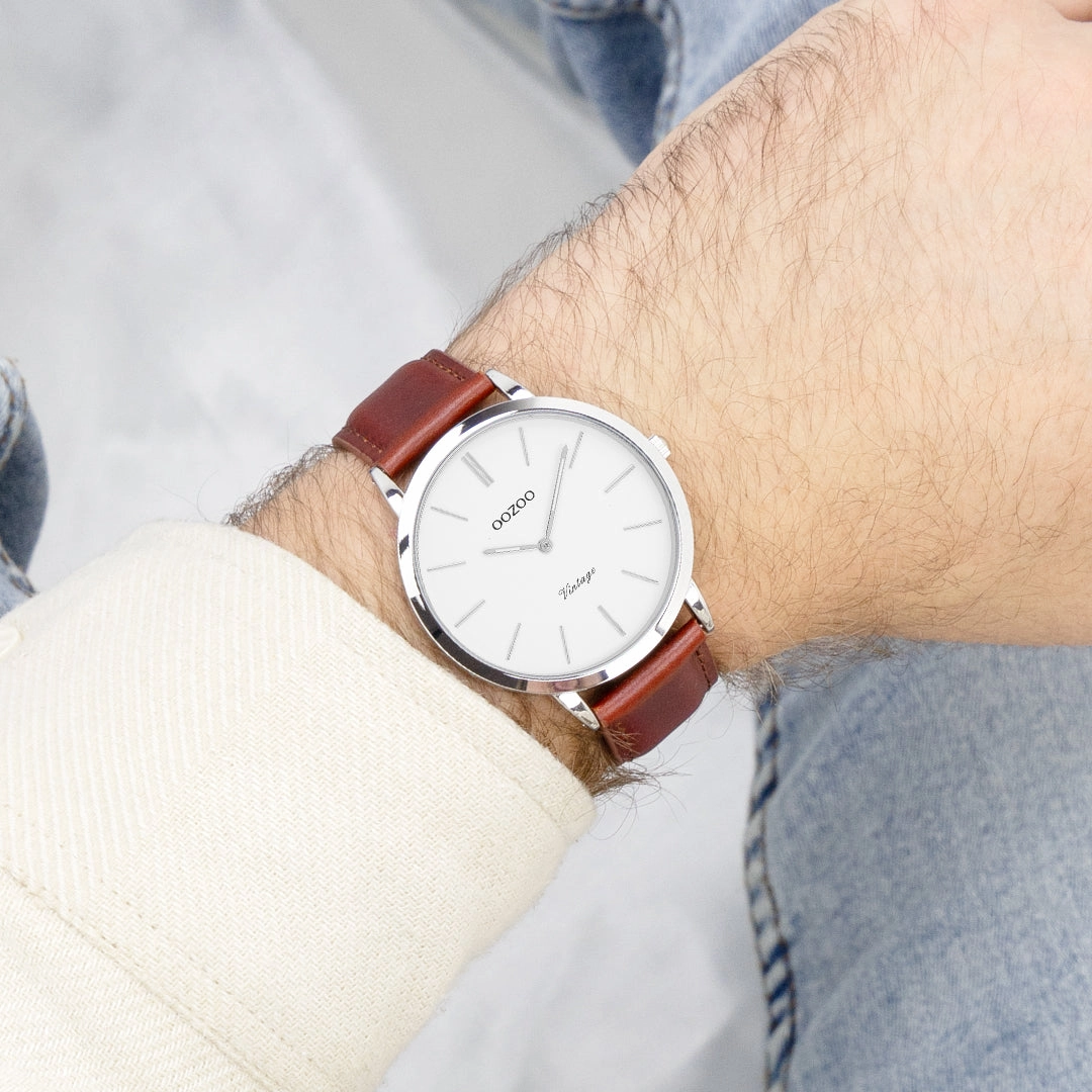 Silver coloured OOZOO watch with brown leather strap - C20385